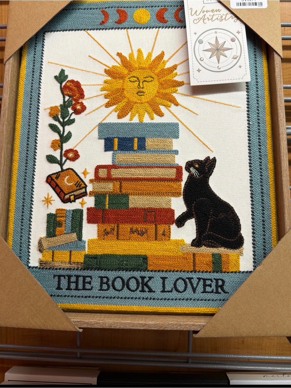 The Book Lover Embroidered Wall Art - Sun & Cat Design in Yellow, Blue, Black